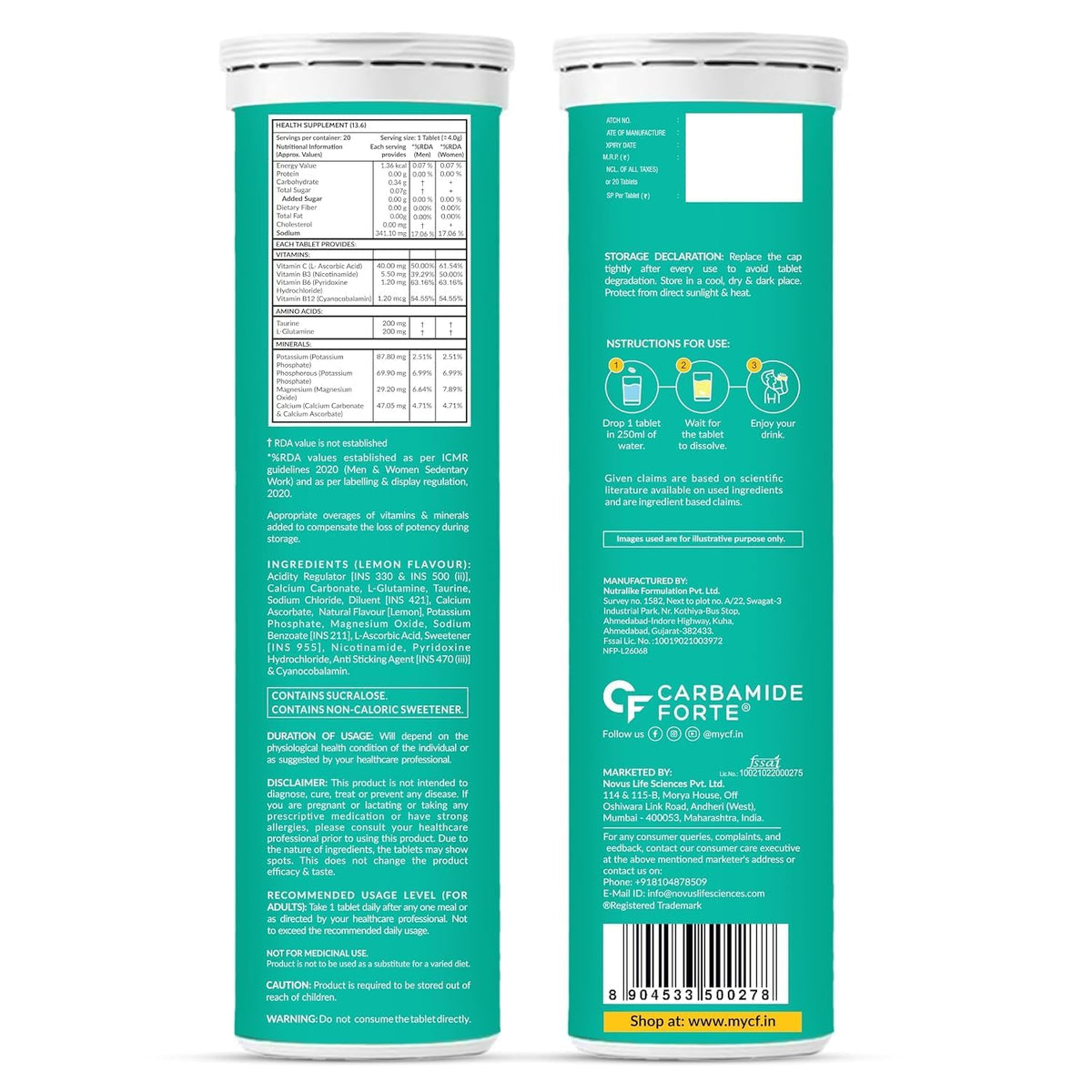 Carbamide Forte Electrolyte Supplement with Zero Added Sugar | Electrolyte Hydration Tablets for Sustained Energy with 5 Essential Electrolytes No Sugar, Low Calorie Hydration | Lemon Flavour | 20 Effervescent Tablets