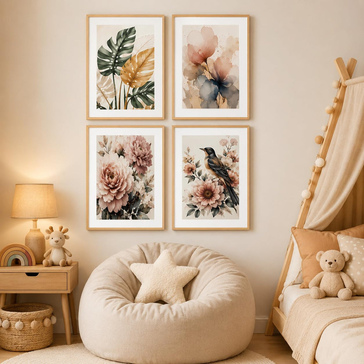 Set of 4 Botanical Floral Bird Wall Paintings with Sparkle Laminate and Premium Wooden Synthetic Frame for Living Room Bedroom Office Decor (13.5 x 19.5 Inch)