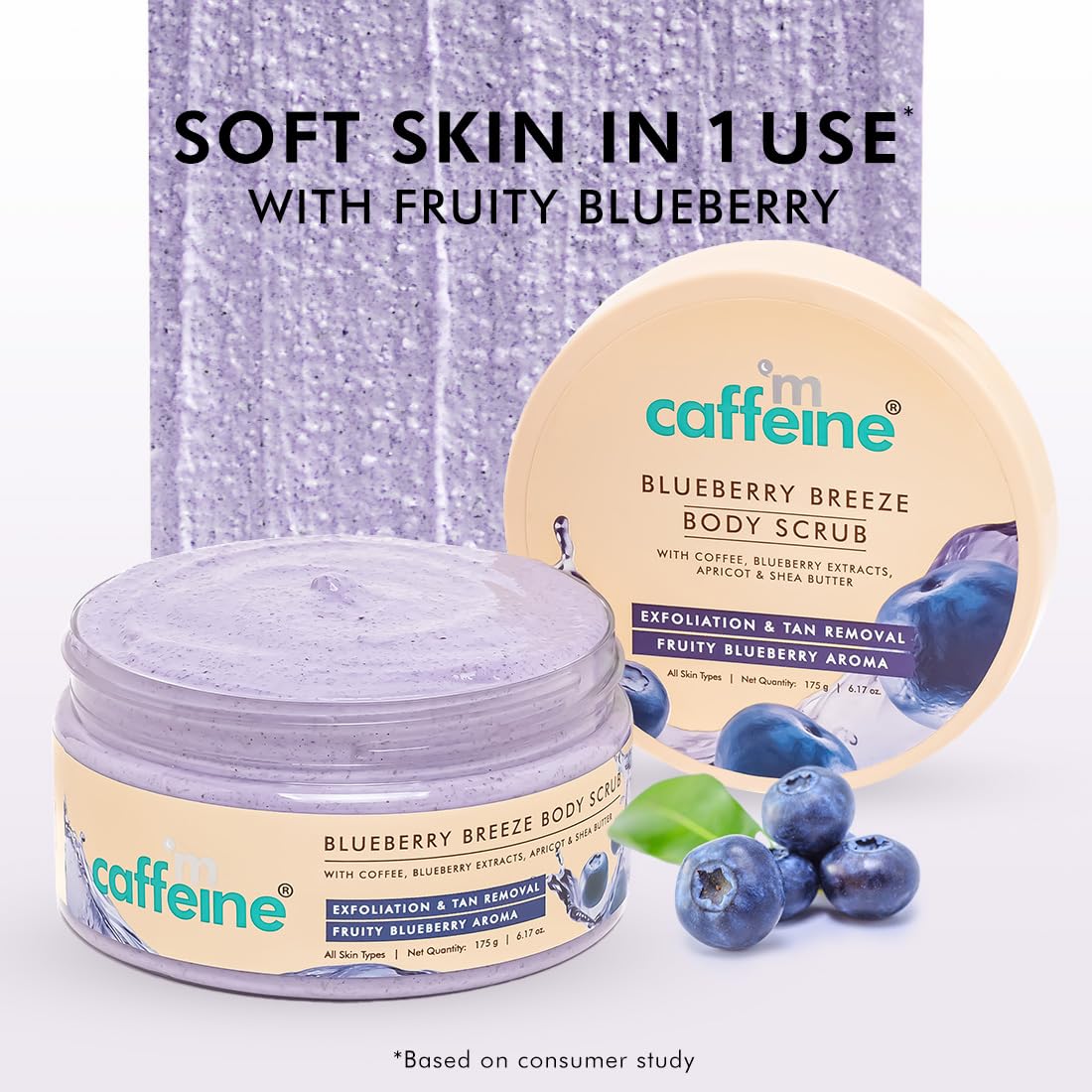 Caffeine Blueberry Breeze body scrub with blueberries on a white background