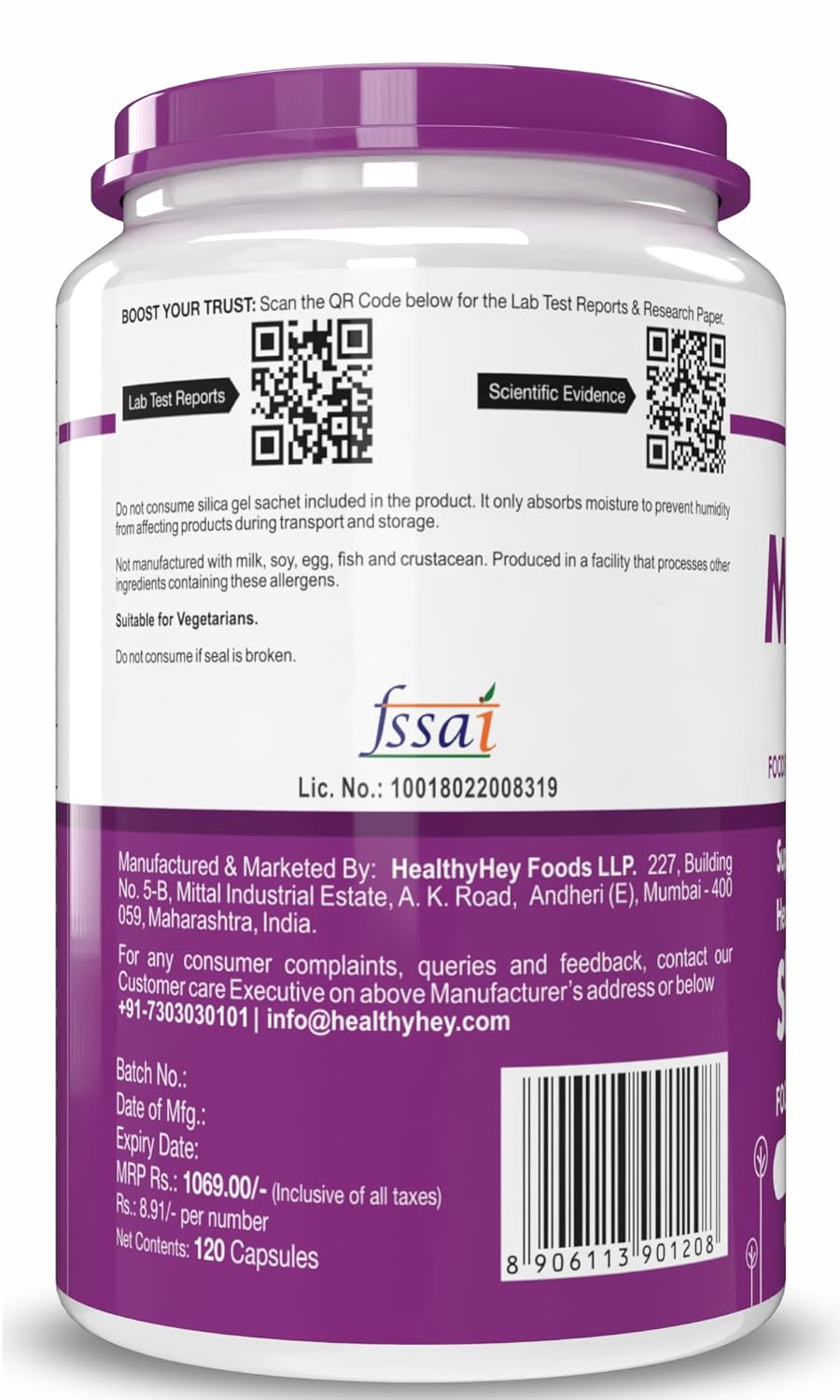 Back label of a supplement container with text, QR code, and barcode on a purple background