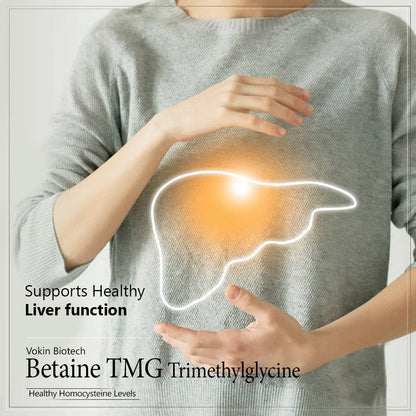 Person wearing a shirt with a liver graphic and text about Betaine TMG Trimethylglycine.