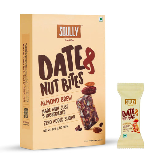 SOULLY Almond Brew Date & Nut Mini Energy Bars 200g (10 Bars x 20g) | Whole Dates, Roasted Almonds, Real Coffee & Pure Cow Ghee | Just 93 Calories Per Bar | No Added Sugar | No Preservatives | For Coffee Lovers