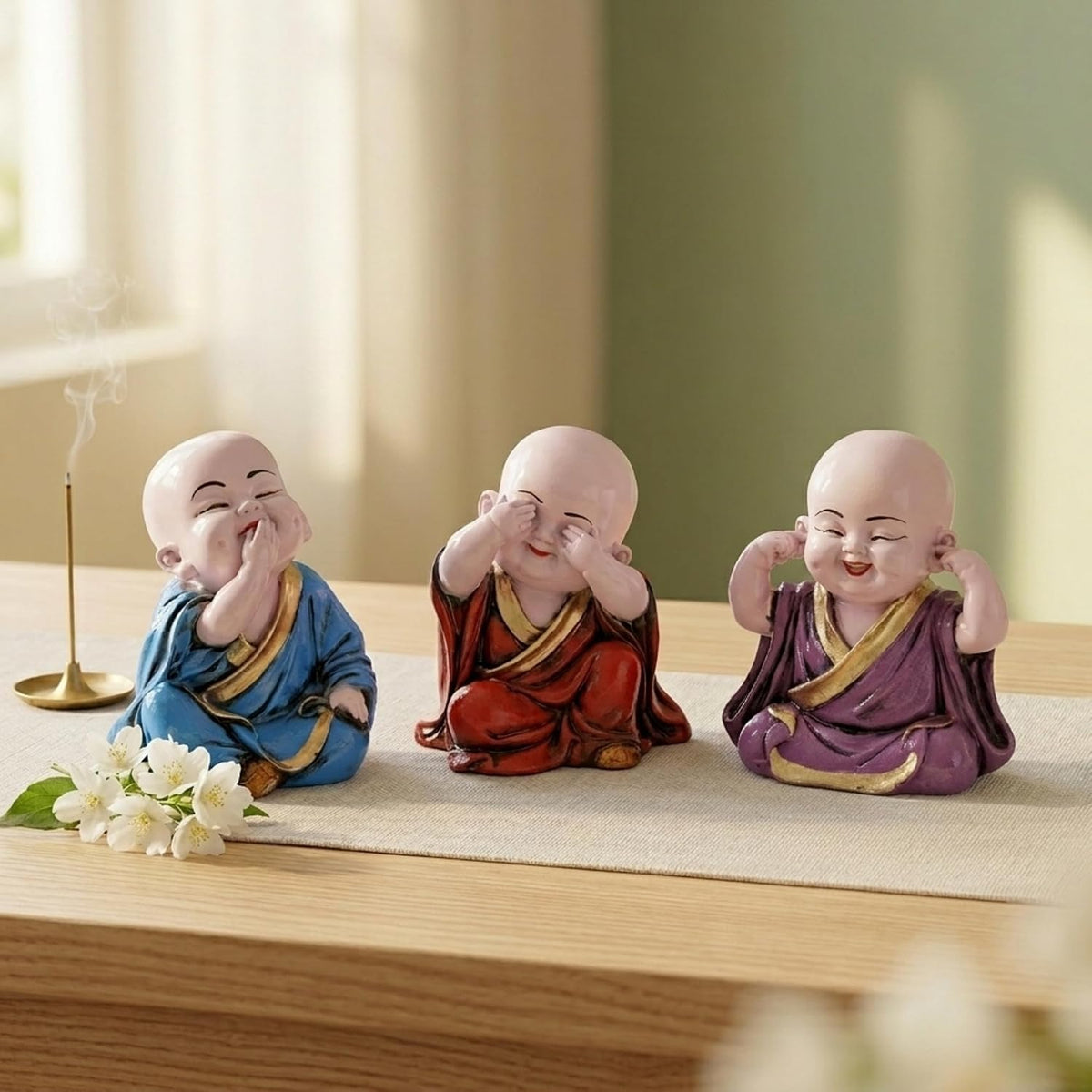 eCraftIndia Resin Blue, Red & Purple Think No Evil, Speak No Evil, Hear No Evil Set of 3 Cute Little Monk Buddha Statues Decorative Showpieces for Car Dashboard, Home & Office Decor