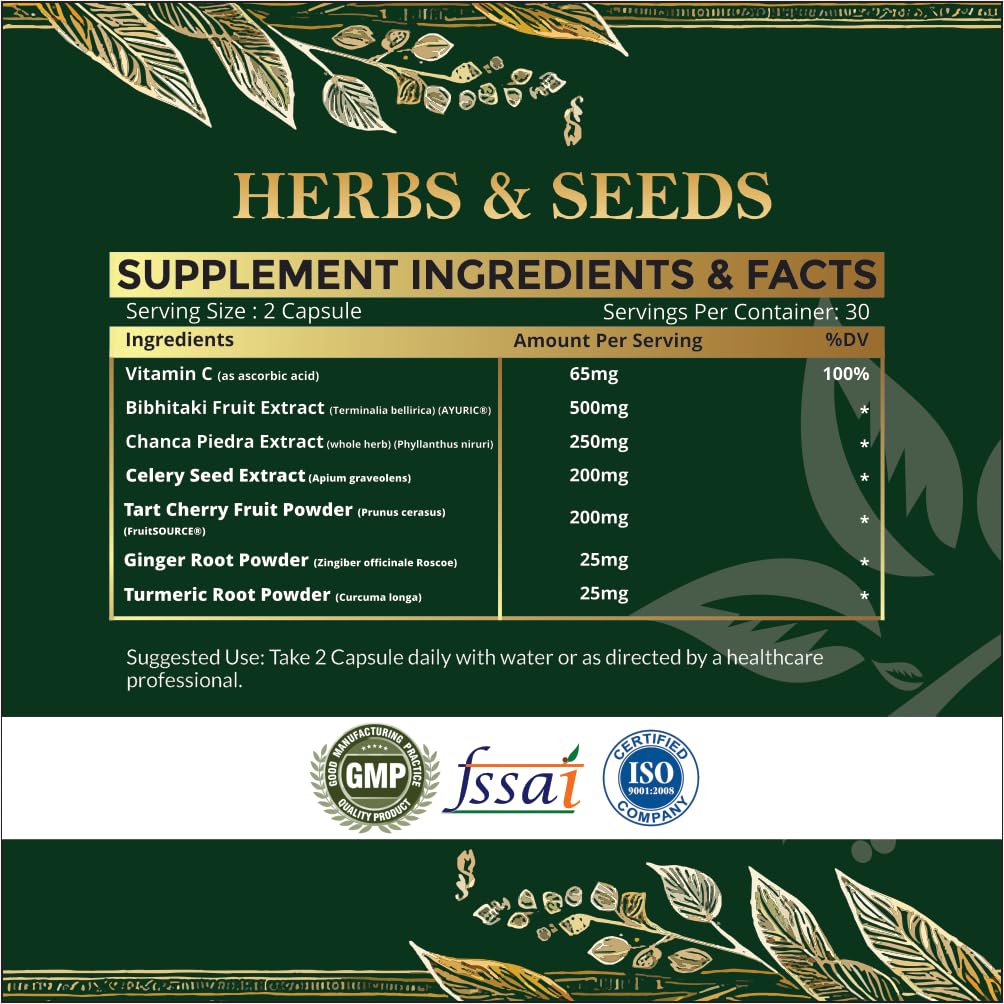 Supplement label for herbs and seeds with ingredients and facts on a green background.