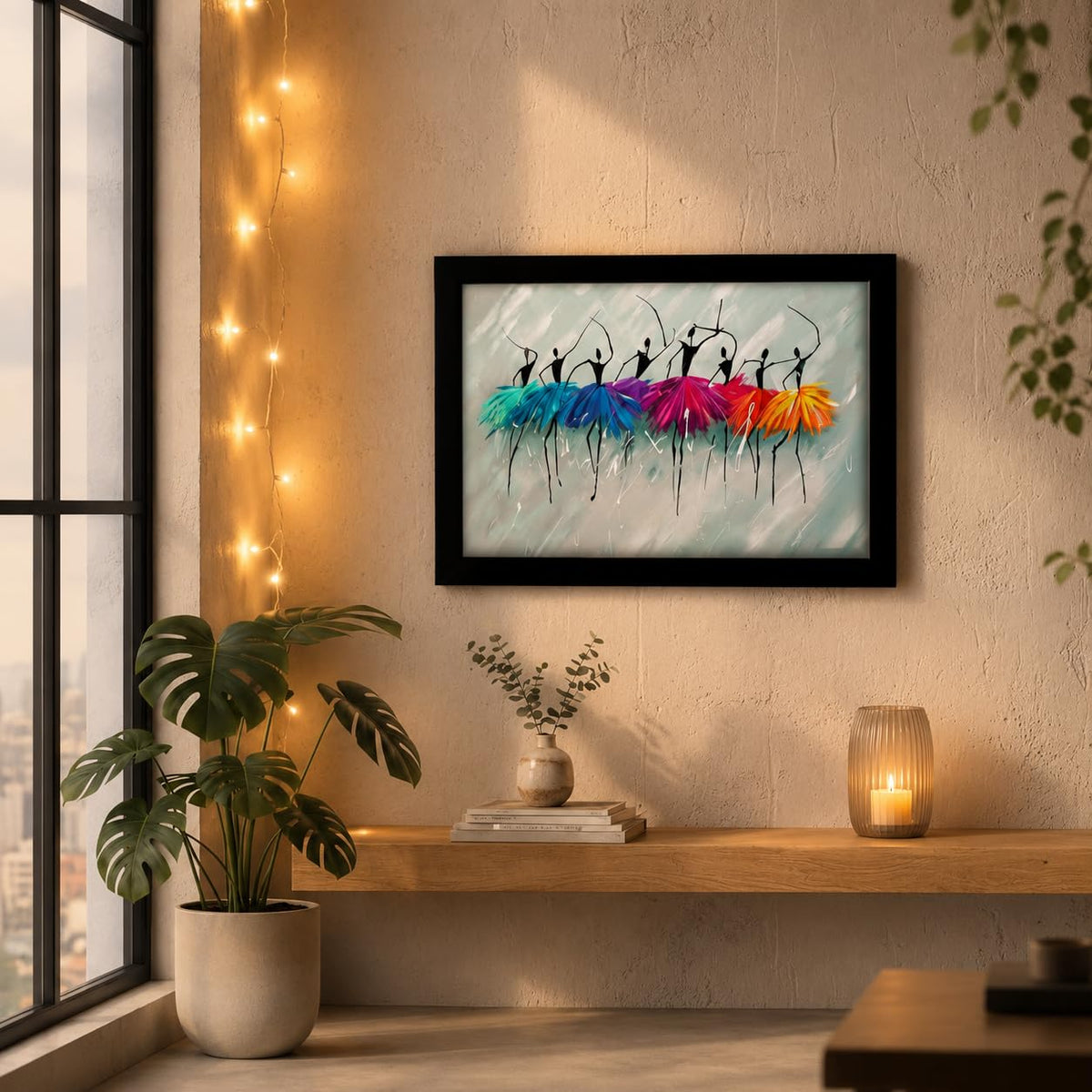 Wood Dancing Girls Framed Painting, Multicolour, Abstract, 12 x 18 inch