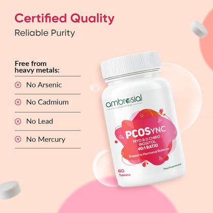 Ambrosial PCOSync supplement bottle with certification details on a pink background