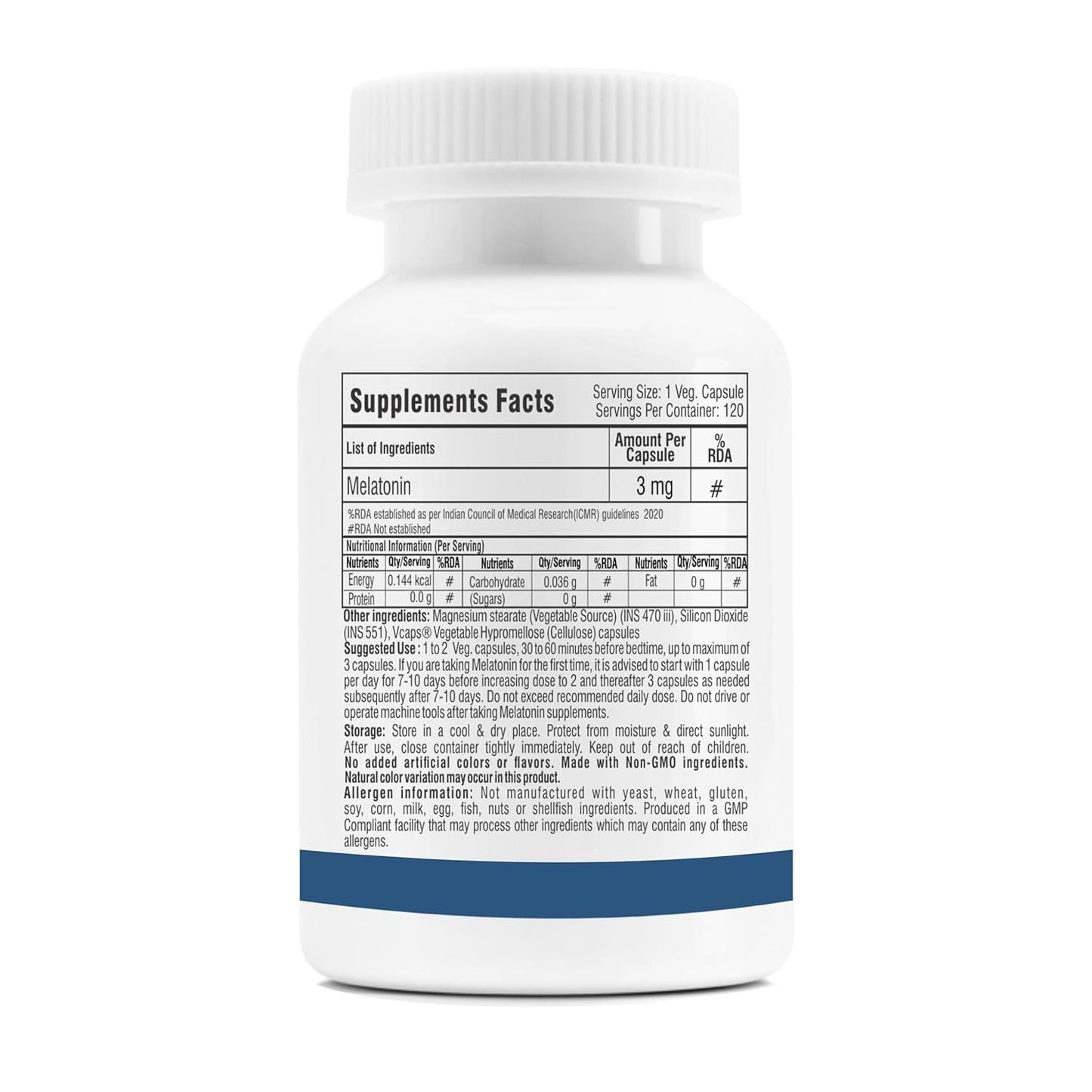 Trexgenics Melatonin 3 mg USP grade Night Time Sleep, Circadian rhythm, jet lag, cortisol balance Support(120 Veg.Capsules) (Melatonin 3 mg (120))