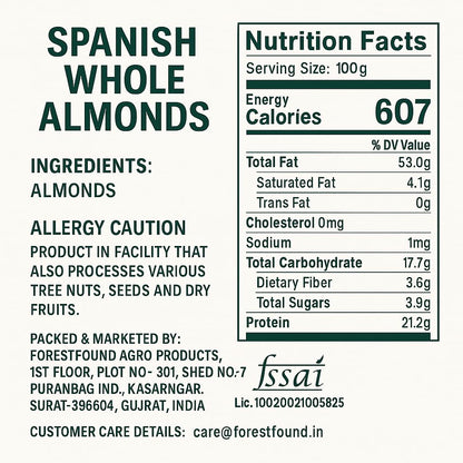 Forest Found Spanish Whole Almonds - 900g | Crunchy Raw Badam Giri | 100% Natural, Fresh & Authentic Mediterranean Almonds | High Protein & Vitamin E Rich | Healthy Snack for Brain & Heart