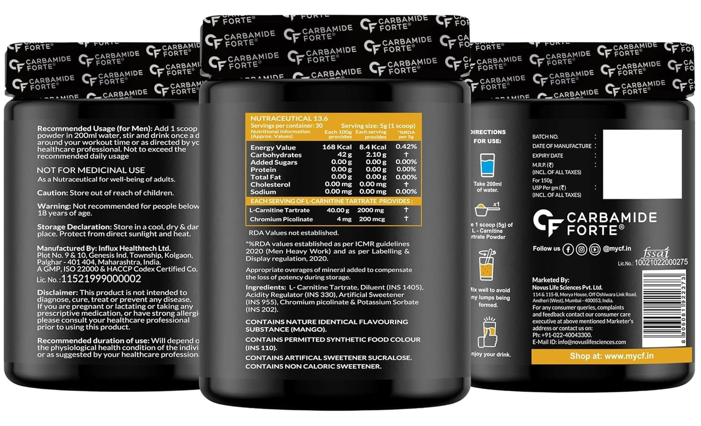 Carbamide Forte L Carnitine Supplement For Men & Women | L-Carnitine Tartrate 2000mg | L'Carnitine Pre & Post Workout Supplement To Help Cobevrt Fat Into Energy | Mango Flavour - 150g