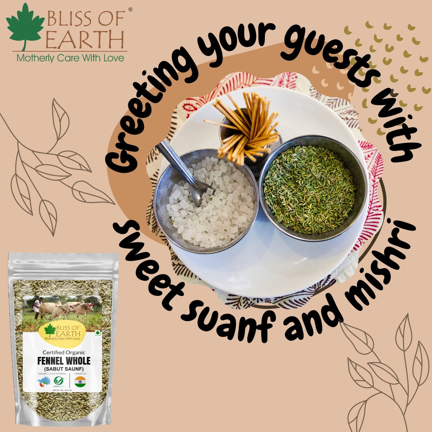 Bliss of Earth Certified Organic Fennel seed (Saunf) Indian Spice Fresh & Sweet Great for Weight loss | digestive health or Cooking (500gm)
