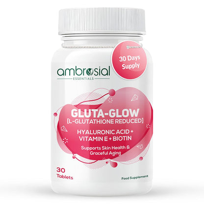 Supplement bottle labeled 'Gluta-Glow' by ambrosial on a white background