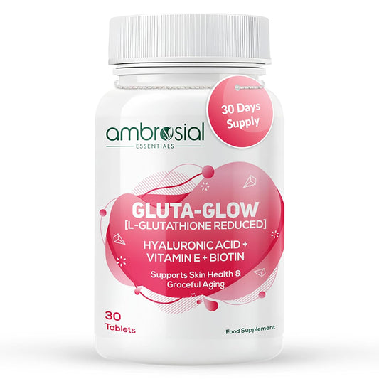 Supplement bottle labeled 'Gluta-Glow' by ambrosial on a white background