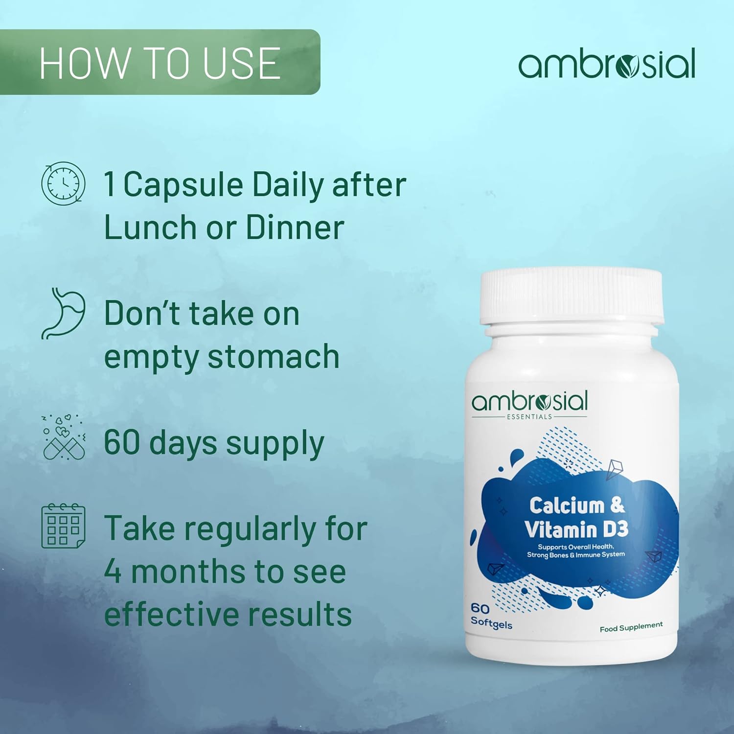 Supplement bottle with usage instructions on a blue gradient background, featuring the brand 'ambrosial'.