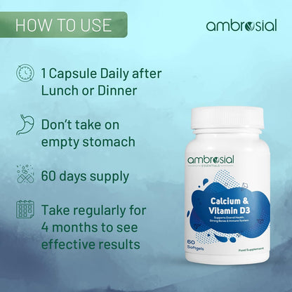 Supplement bottle with usage instructions on a blue gradient background, featuring the brand 'ambrosial'.