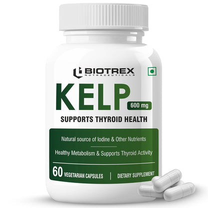 Biotrex Nutraceuticals Kelp Extract 600mg | Richest Vegan Source of Iodine | Supports Thyroid Health & Healthy Metabolism with Soluble Fiber - 60 Veg Capsules