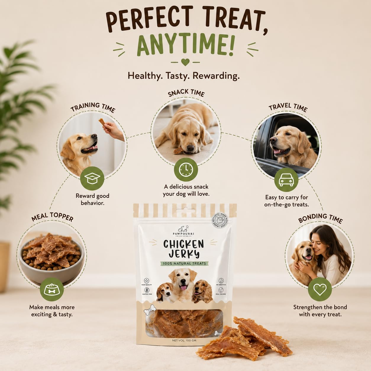 PAWPOURRI Natural Chicken Jerky Dog Treats for All Breeds & Sizes | Daily Use Dog Treats | High Protein Chewy Training & Reward Snacks (Chicken Jerky, Pack of 1) 100gm