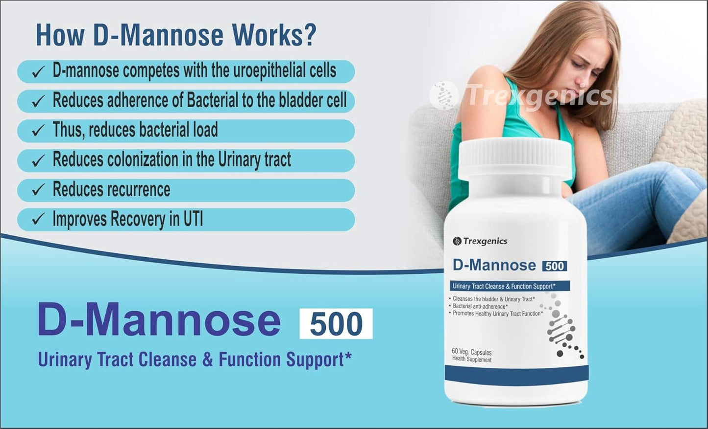 Trexgenics D-MANNOSE 500mg Urinary Tract Cleanse & Kidney/Bladder Function Support (60 Vcaps) (1)