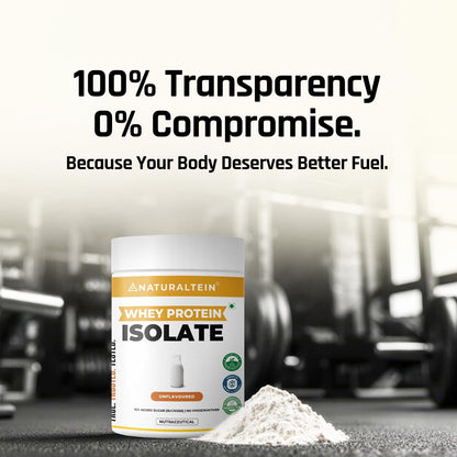 Naturaltein whey protein isolate container with protein powder on a blurred gym background