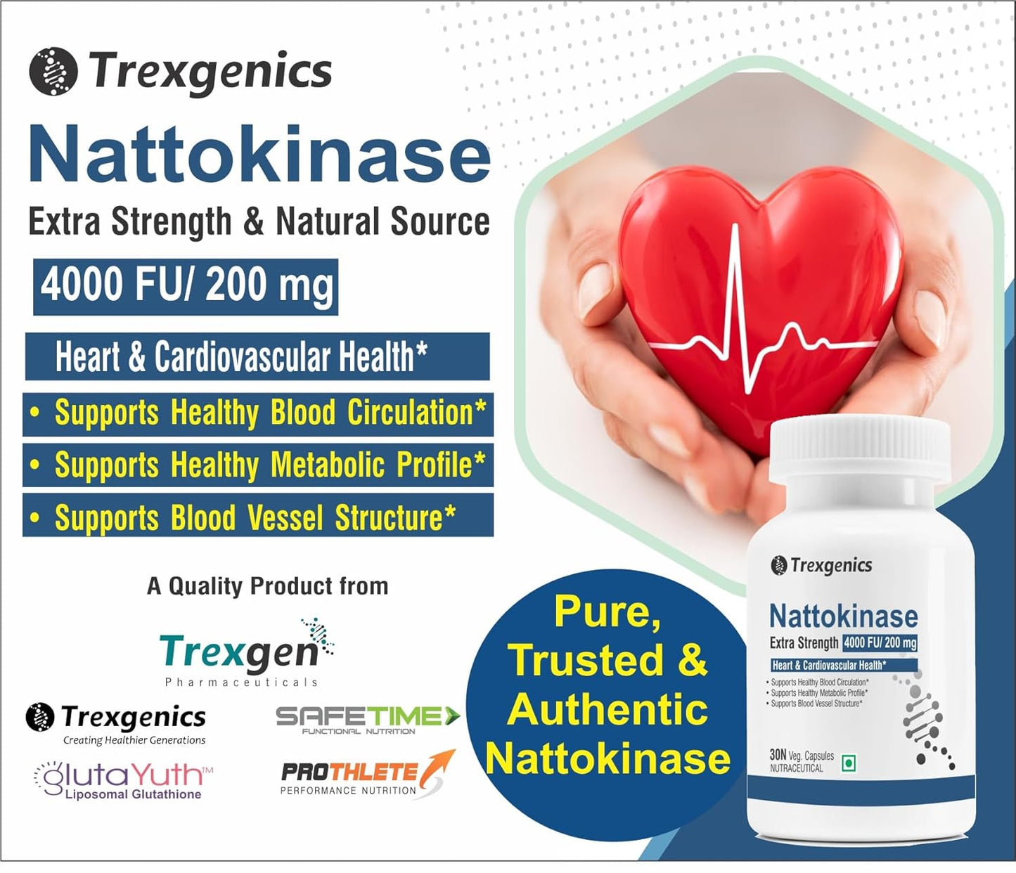 Trexgenics NATTOKINASE 4000 FU / 200 mg from Natto- Double Strength, Heart & Cardiovascular Health Support (4000 FU (30 Veg Capsules))