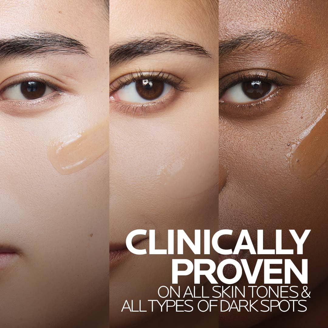 Three close-up views of eyes with dark spots, labeled 'Clinically Proven' on all skin tones and dark spots.