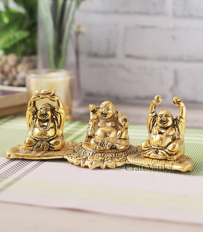 Metal Laughing Buddha Statue for Money, Wealth, Fengshui Vastu and Good Luck (Golden, 7.5 Inches Length x 2.8 Inches Height x 3 Inches Width), Idol