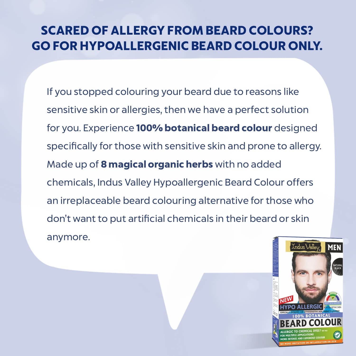 Advertisement for Indus Valley hypoallergenic beard color with text and product packaging on a light blue background.