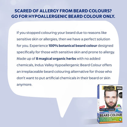 Advertisement for Indus Valley hypoallergenic beard color with text and product packaging on a light blue background.