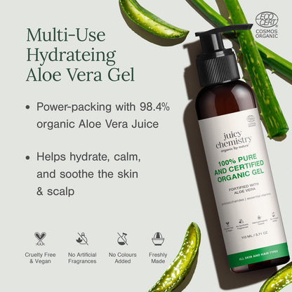 Juicy Chemistry Organic Aloe Vera Gel, 110 ml Multipurpose Gel | 100% Pure Aloe Vera Gel for Face, Hair & Body | Fresh and Soothing | Free from Parabens, Sulphates, Mineral Oils | For Men & Women
