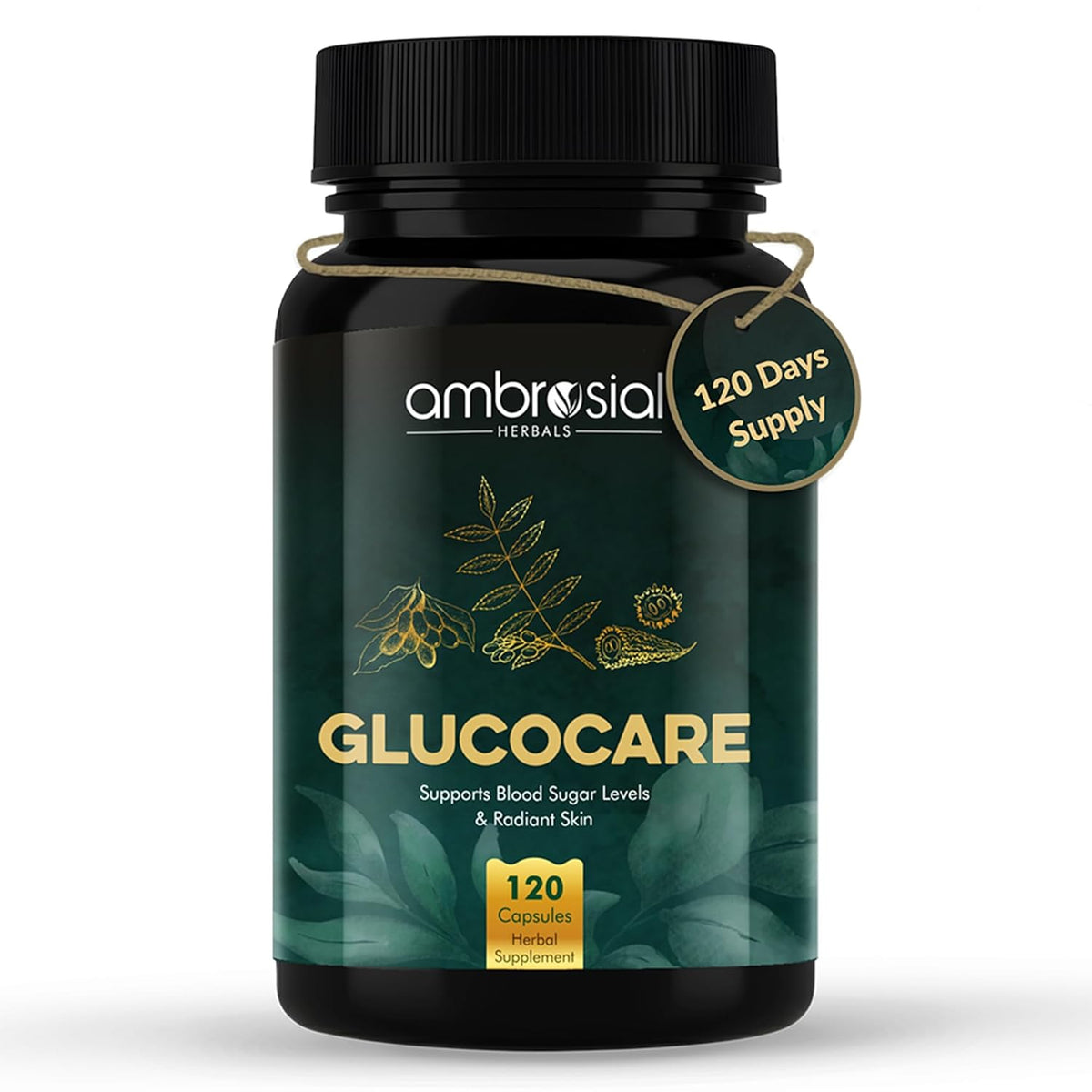 Supplement bottle labeled 'Glucocare' by ambrosial Herbals on a white background