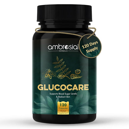 Supplement bottle labeled 'Glucocare' by ambrosial Herbals on a white background