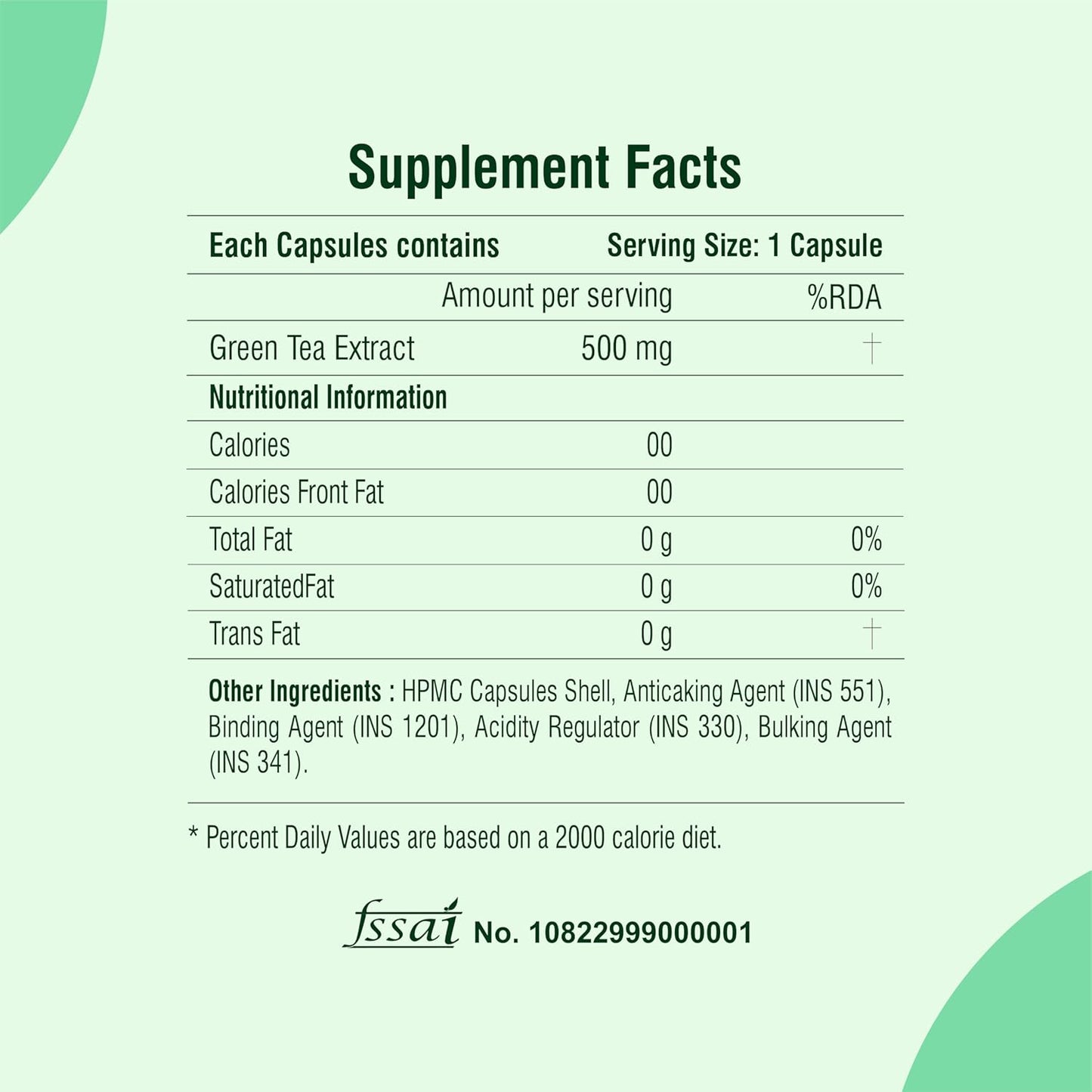 Supplement facts label for green tea extract capsules on a light green background