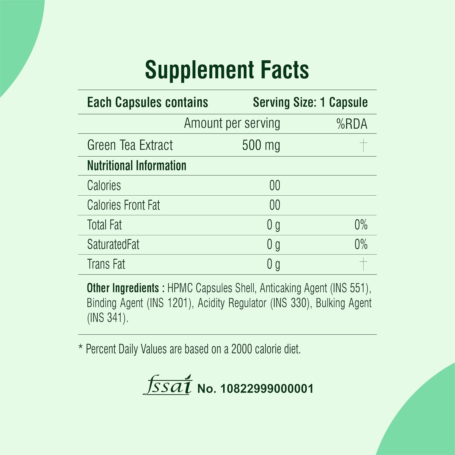 Supplement facts label for green tea extract capsules on a light green background