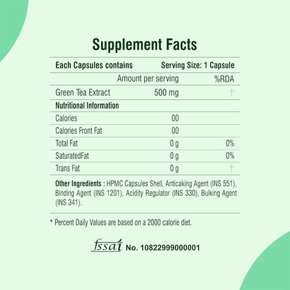 Supplement facts label for green tea extract capsules on a light green background
