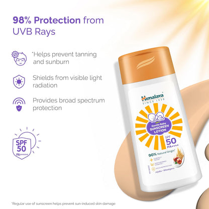Himalaya Gentle Baby Sunscreen Lotion 50ml | SPF 50 PA++++ | UVA & UVB Broad Spectrum Protection For All Skin Types | With Jojoba Oil & Vitamin E | Non-Greasy, No White Cast|
