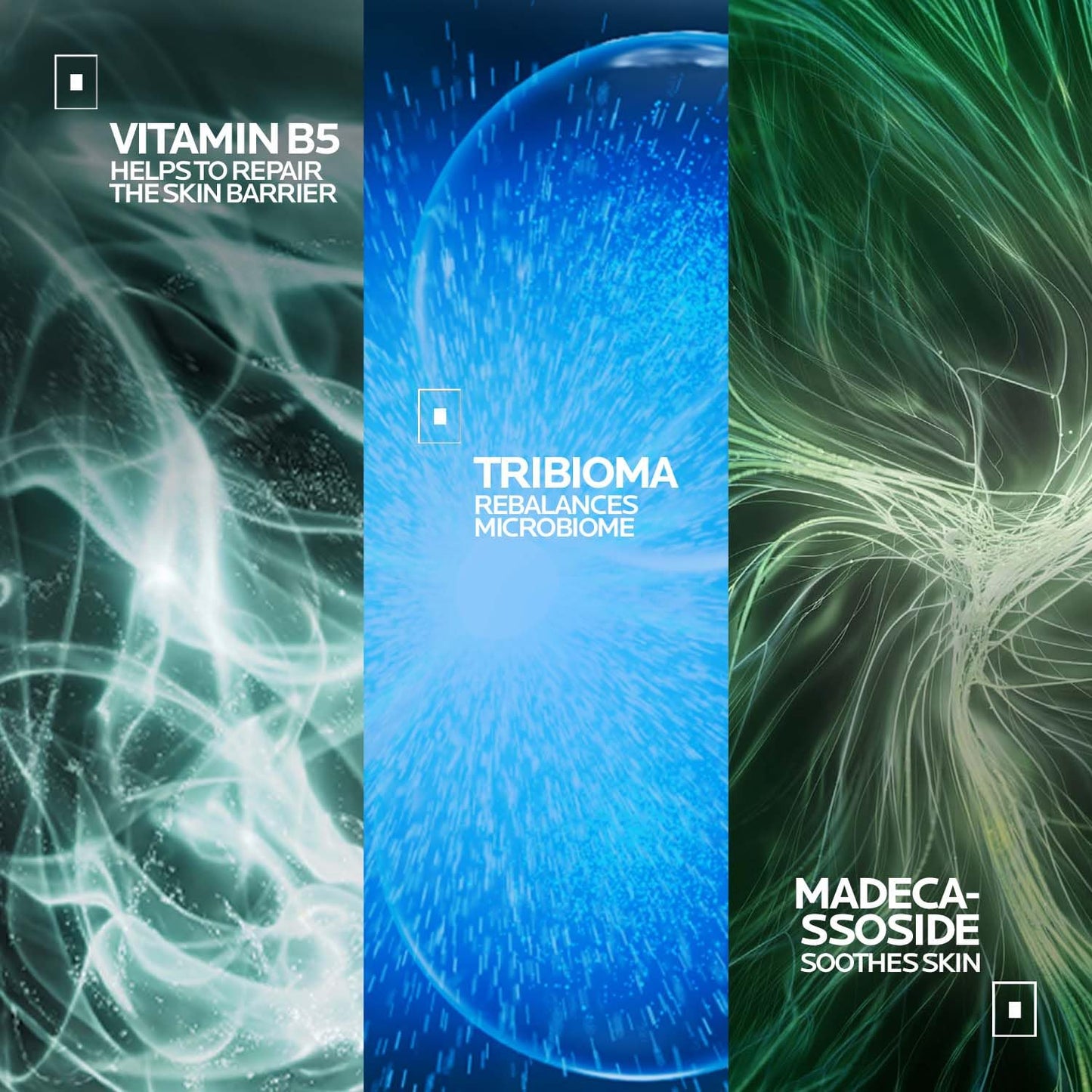 Three vertical panels with abstract designs and text about skincare benefits.