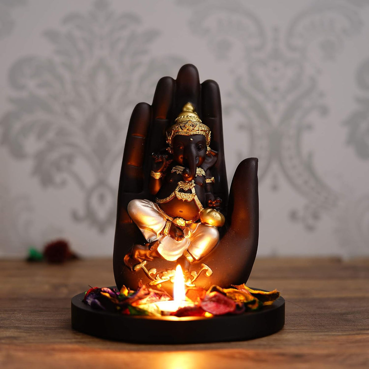 Black Golden Resin Palm Ganesha Idol Showpiece Potpourri Tea Light Candle Holder| Lord Buddha Statue Tea Light Holder| Diwali Decoration Items for Home Decor | Gift for Diwali Housewarming