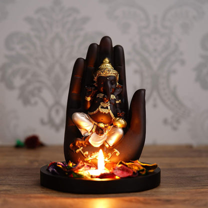 Black Golden Resin Palm Ganesha Idol Showpiece Potpourri Tea Light Candle Holder| Lord Buddha Statue Tea Light Holder| Diwali Decoration Items for Home Decor | Gift for Diwali Housewarming