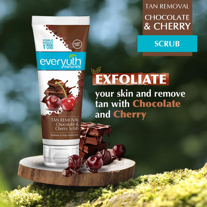 Everyuth Naturals Chocolate & Cherry scrub packaging with text on a natural background
