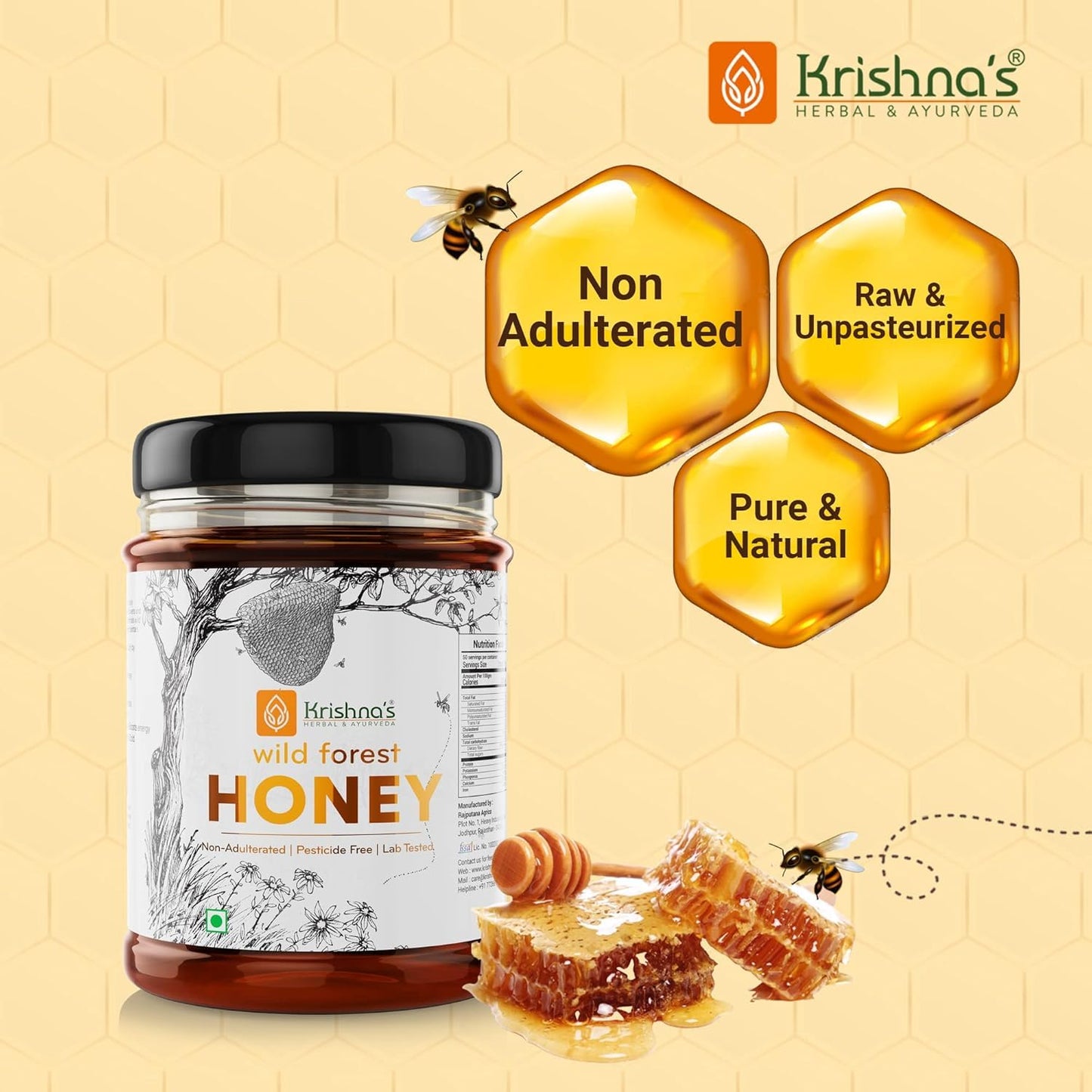 Krishna's 100% Pure Wild Forest Honey - No Additives Or Preservatives - 200 g | Made with Classic Ayurvedic method | Highly Nutritious | Rich in Antioxidants