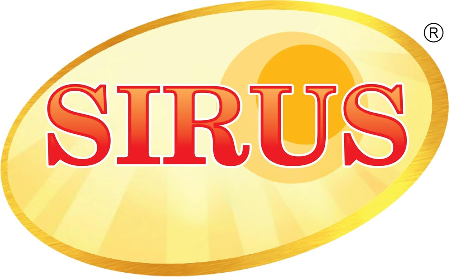 Sirus logo with red text on a yellow oval background