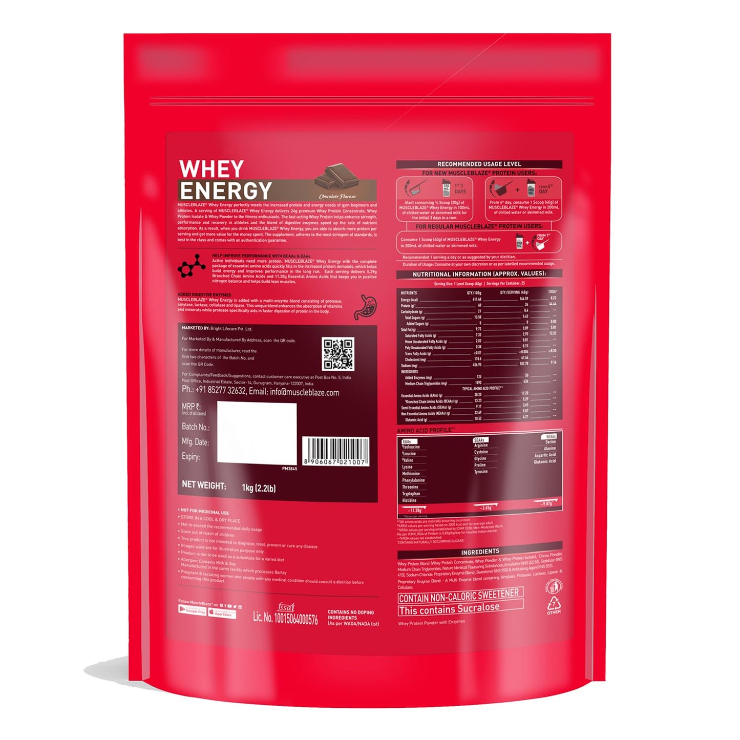 MuscleBlaze Whey Energy (Chocolate, 1kg / 2.2lbs) | 24g Protein, 100% Whey Protein Blend, Added Digestive Enzymes