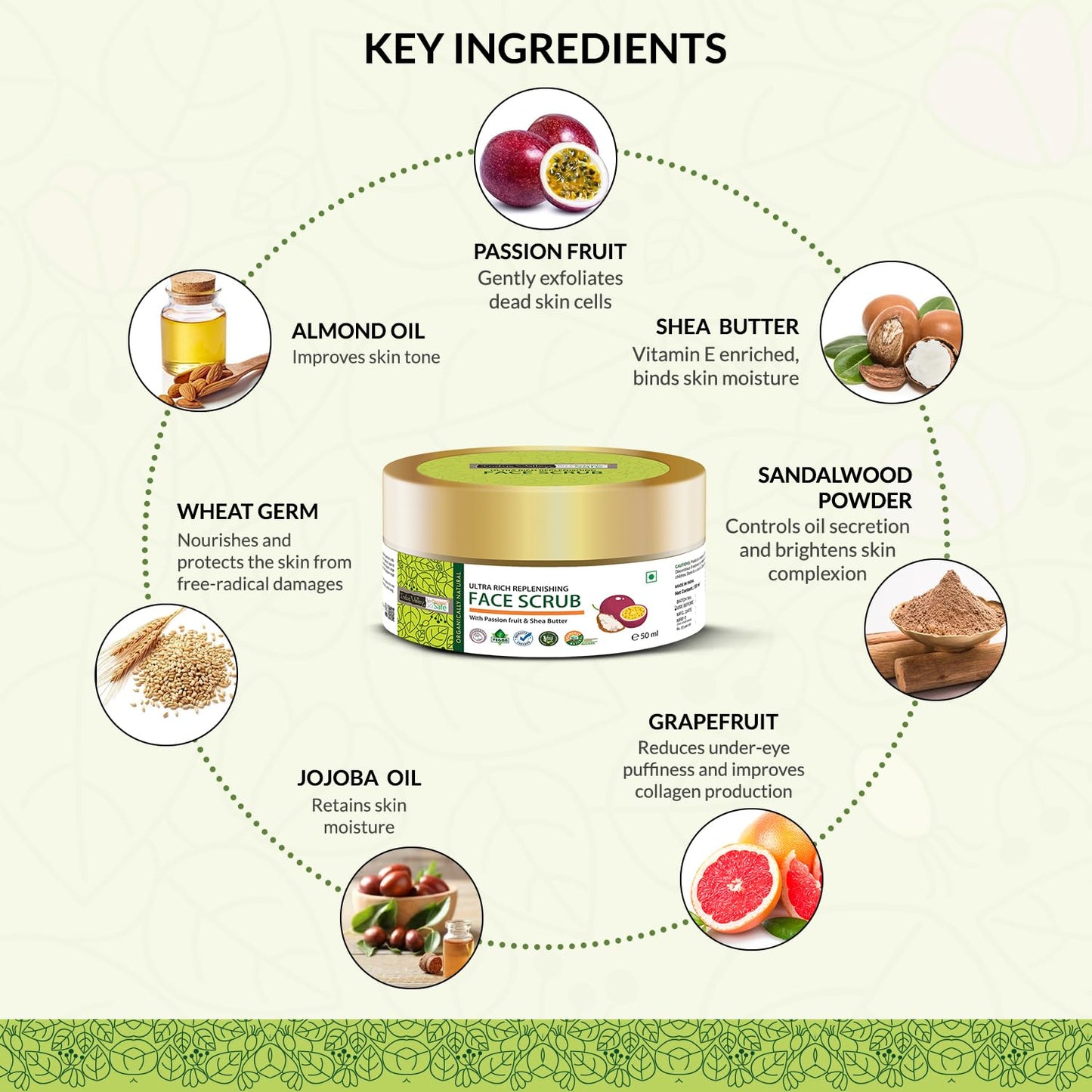 Key ingredients of a face scrub with images and descriptions on a green background