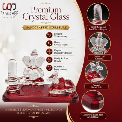 Crystal Glass Shiva Ganesha Nandi Statue, Decorative Religious Showpiece for Home, Temple & Office, Red Hindu God Idol for Pooja Room & Spiritual Decor, 4 x 2.5 Inch