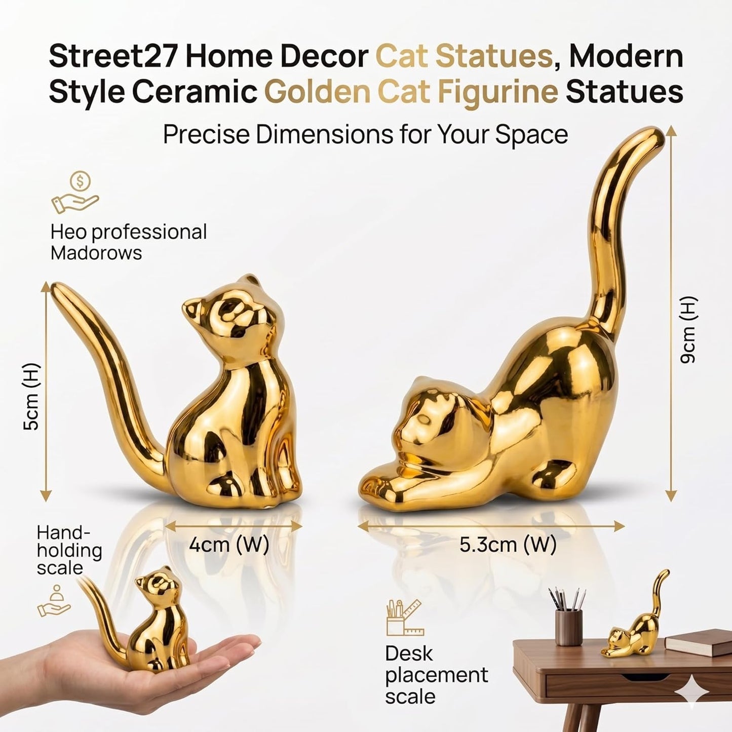 Street27 Home Decor Cat Statues, Modern Style Ceramic Golden Cat Figurine Statues for Home Decor Accents Living Room Office Table Bookshelf Desk Bedroom (2pcs Cute Cat)