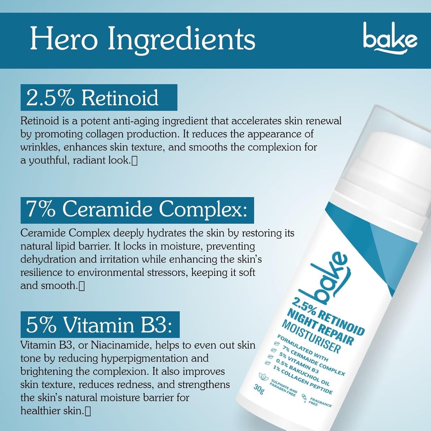 BAKE Retinol Night Cream with 2.5% Retinoid & Bakuchiol Oil for Anti Ageing, Fine Lines & Wrinkles | Retinol Night Repair Moisturizer | Lightweight, Non Sticky & Fragrance Free | All Skin Types | 30g