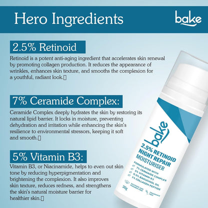 BAKE Retinol Night Cream with 2.5% Retinoid & Bakuchiol Oil for Anti Ageing, Fine Lines & Wrinkles | Retinol Night Repair Moisturizer | Lightweight, Non Sticky & Fragrance Free | All Skin Types | 30g