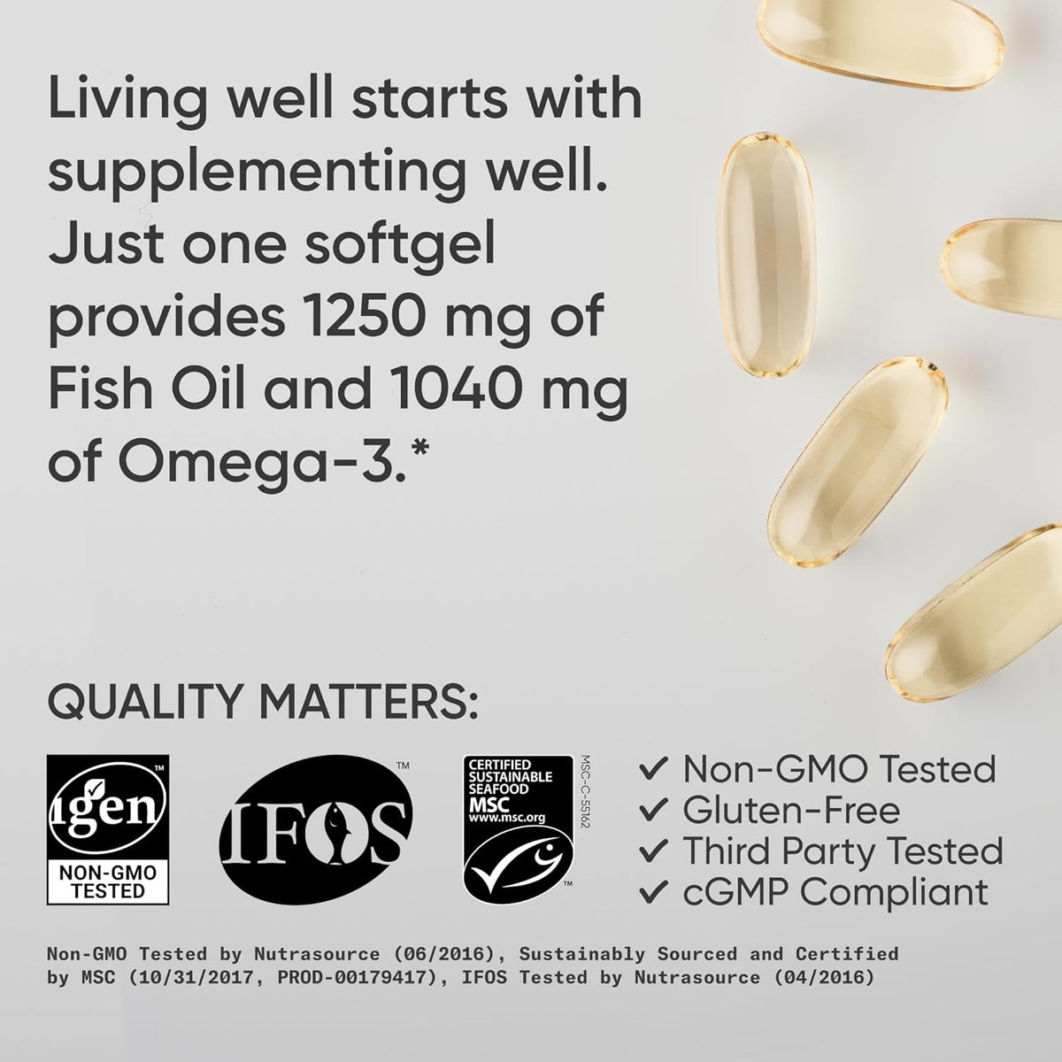 Fish oil softgels with text about supplement benefits and quality certifications on a light background
