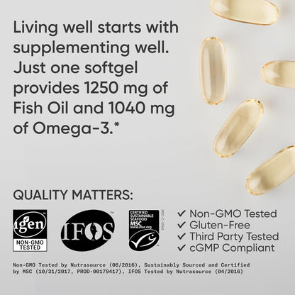 Fish oil softgels with text about supplement benefits and quality certifications on a light background