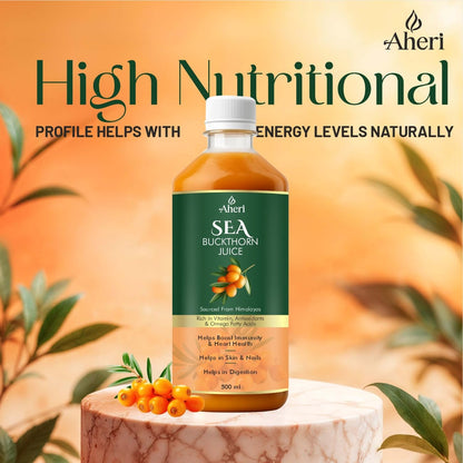 Aheri Sea Buckthorn Juice bottle with green label on a decorative stand against a blurred natural background.