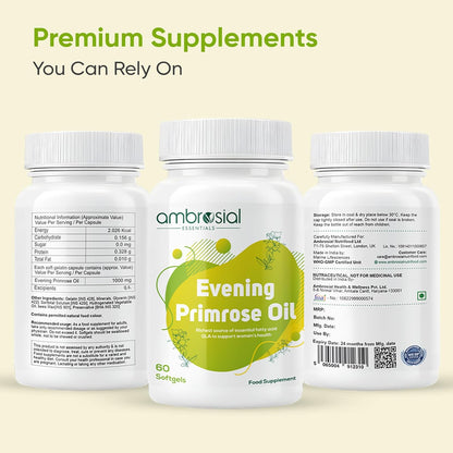 Three bottles of ambrosial Evening Primrose Oil on a light yellow background with text 'Premium Supplements You Can Rely On'.